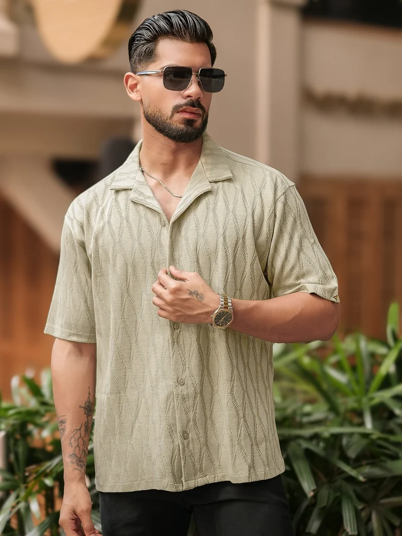 مانياك Maniac Mens Solid Textured Collared Neck Half Sleeve Beige Cotton Shirt